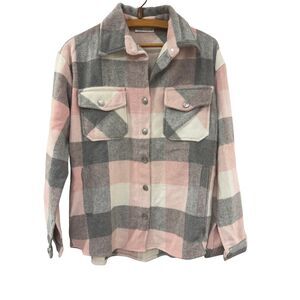 Hazel & Olive Women's Pink Grey Plaid Shacket Size Small Button Front Pockets